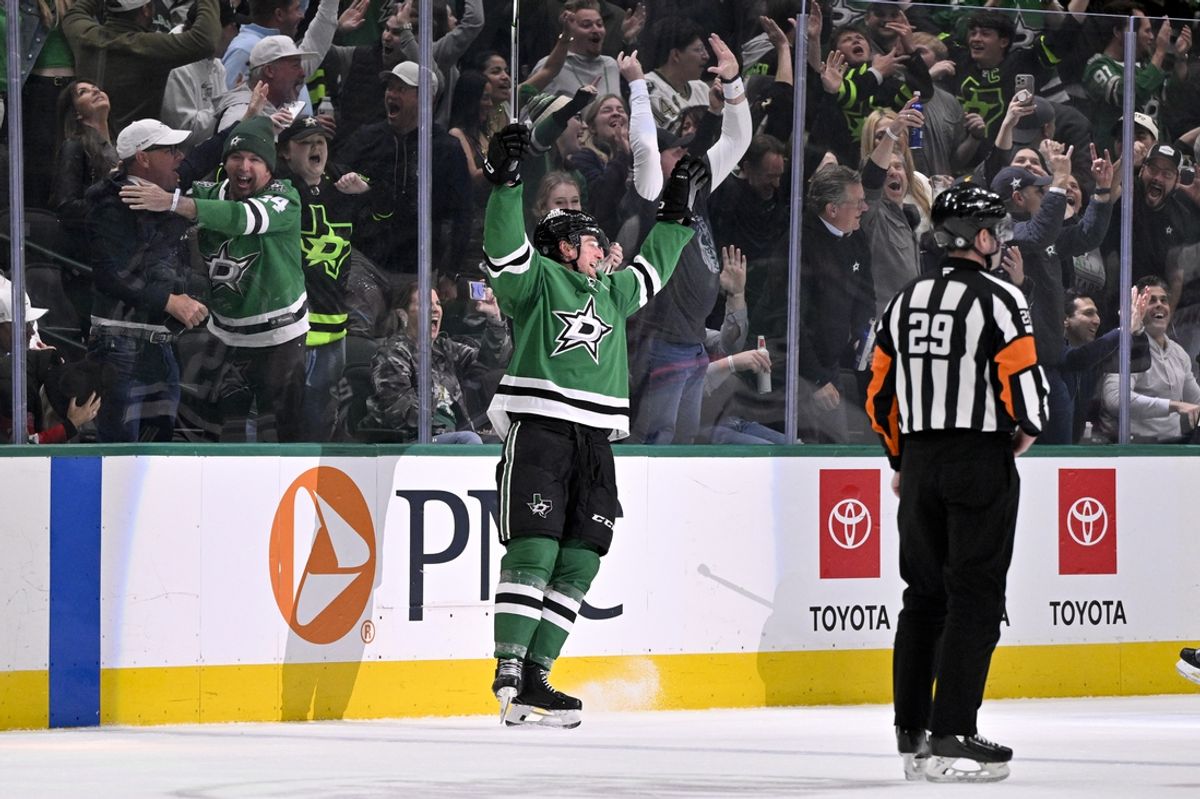 Mar 4, 2025; Dallas, Texas, USA; Dallas Stars defenseman Thomas Harley (55) celebrates after he scores the game winning goal against the New Jersey Devils during the third period at the American Airlines Center. Mandatory Credit: Jerome Miron-Imagn Images