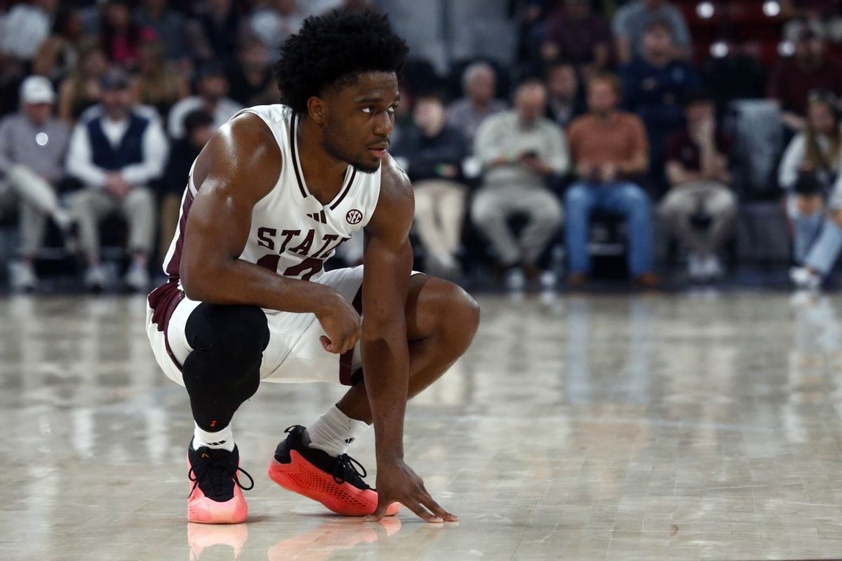 Mar 4, 2025; Starkville, Mississippi, USA; Mississippi State Bulldogs guard Josh Hubbard (12) looks on during the first half against the Texas Longhorns at Humphrey Coliseum. Mandatory Credit: Petre Thomas-Imagn Images