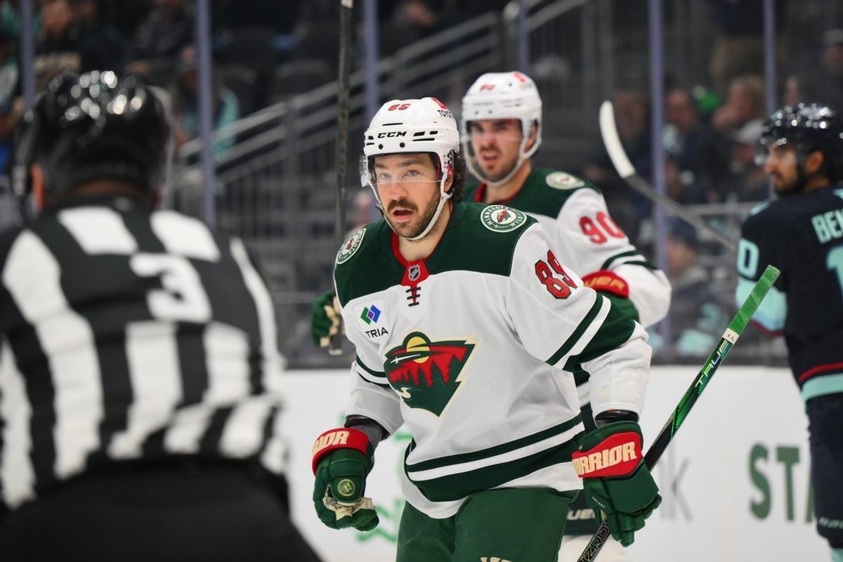 Mar 4, 2025; Seattle, Washington, USA; Minnesota Wild center Frederick Gaudreau (89) reacts to scoring a goal against the Seattle Kraken during the second period at Climate Pledge Arena. Mandatory Credit: Steven Bisig-Imagn Images