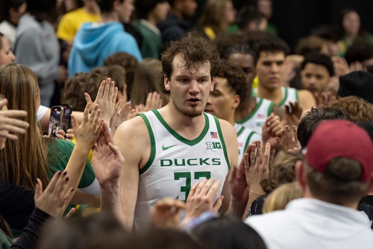 Oregon center Nate Bittle leads the Ducks through the student section after the game as the Oregon Ducks host the Indiana Hoosiers Tuesday, March 4, 2025, at Matthew Knight Arena in Eugene, Ore.