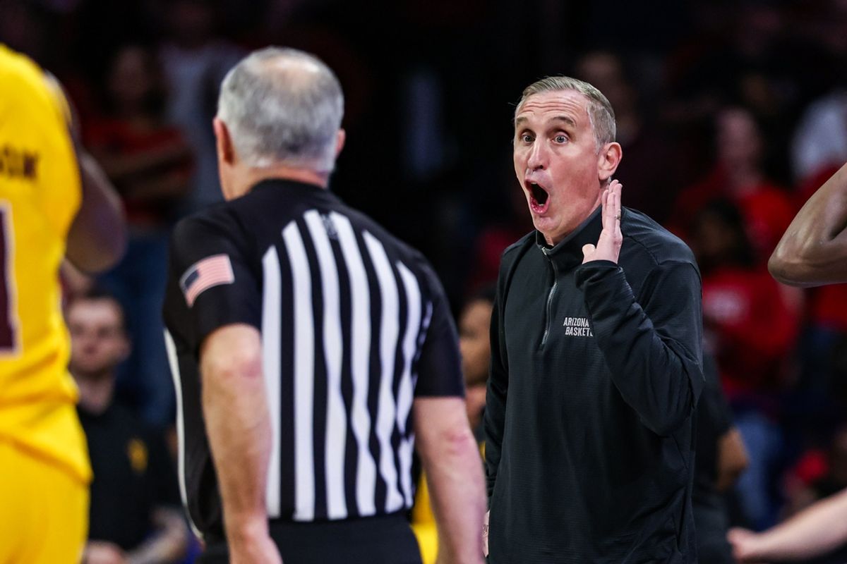Mar 4, 2025; Tucson, Arizona, USA; Arizona State Sun Devils head coach Bobby Hurley yells towards the referee after he receives a technical foul during the first half against the Arizona Wildcats at McKale Center. Mandatory Credit: Aryanna Frank-Imagn Images