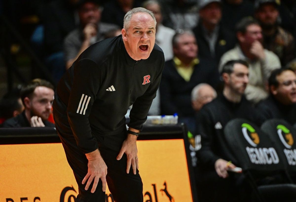 Mar 4, 2025; West Lafayette, Indiana, USA; Rutgers Scarlet Knights head coach Steve Pikiell reacts to a call during the first half against the Purdue Boilermakers at Mackey Arena. Mandatory Credit: Marc Lebryk-Imagn Images