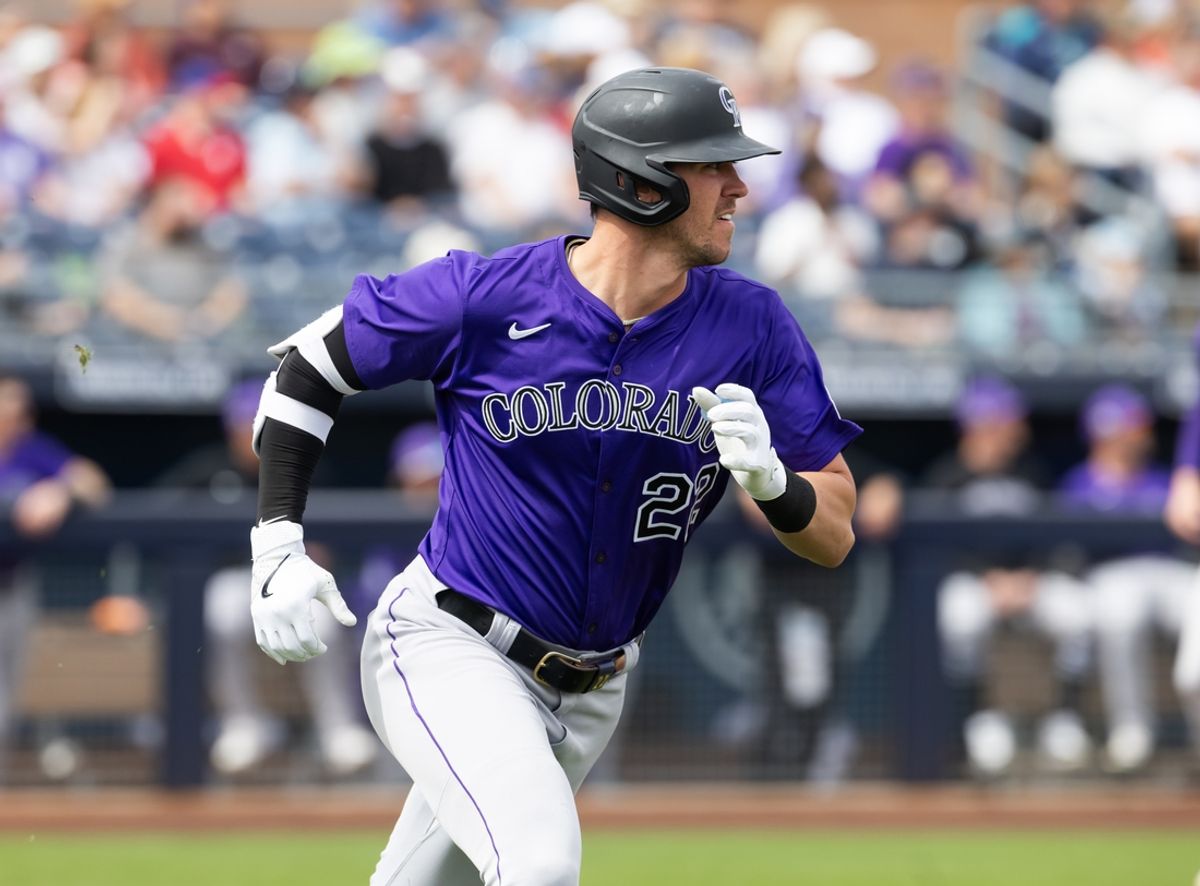 Mar 5, 2025; Peoria, Arizona, USA; Colorado Rockies outfielder Nolan Jones against the San Diego Padres during a spring training game at Peoria Sports Complex. Mandatory Credit: Mark J. Rebilas-Imagn Images
