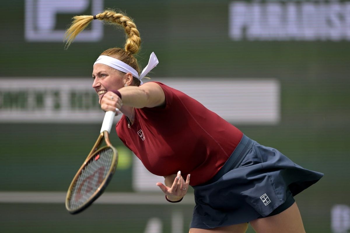 Mar 5, 2025; Indian Wells, CA, USA;  Petra Kvitova (CZE) hits a shot against Varvara Gracheva (not pictured) in her first round match during the BNP Paribas Open at the Indian Well Tennis Garden. Mandatory Credit: Jayne Kamin-Oncea-Imagn Images