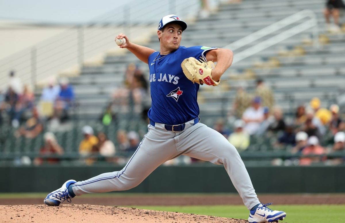 Mar 5, 2025; Bradenton, Florida, USA;  Toronto Blue Jays pitcher Jake Bloss (39) throws a pitch during the fourth inning against the Pittsburgh Pirates at LECOM Park. Mandatory Credit: Kim Klement Neitzel-Imagn Images