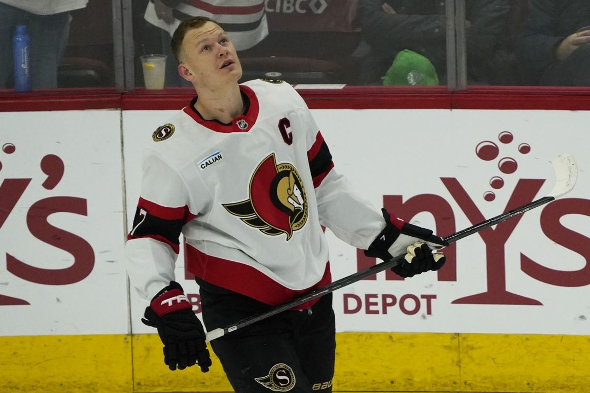 Mar 5, 2025; Chicago, Illinois, USA; Ottawa Senators left wing Brady Tkachuk (7) warms up before a game against the Chicago Blackhawks at United Center. Mandatory Credit: David Banks-Imagn Images