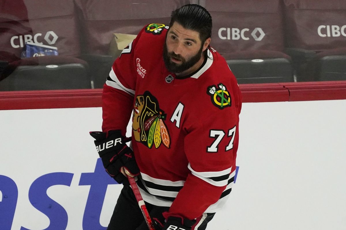 Mar 5, 2025; Chicago, Illinois, USA; Chicago Blackhawks left wing Patrick Maroon (77) warms up before a game against the Ottawa Senators at United Center. Mandatory Credit: David Banks-Imagn Images