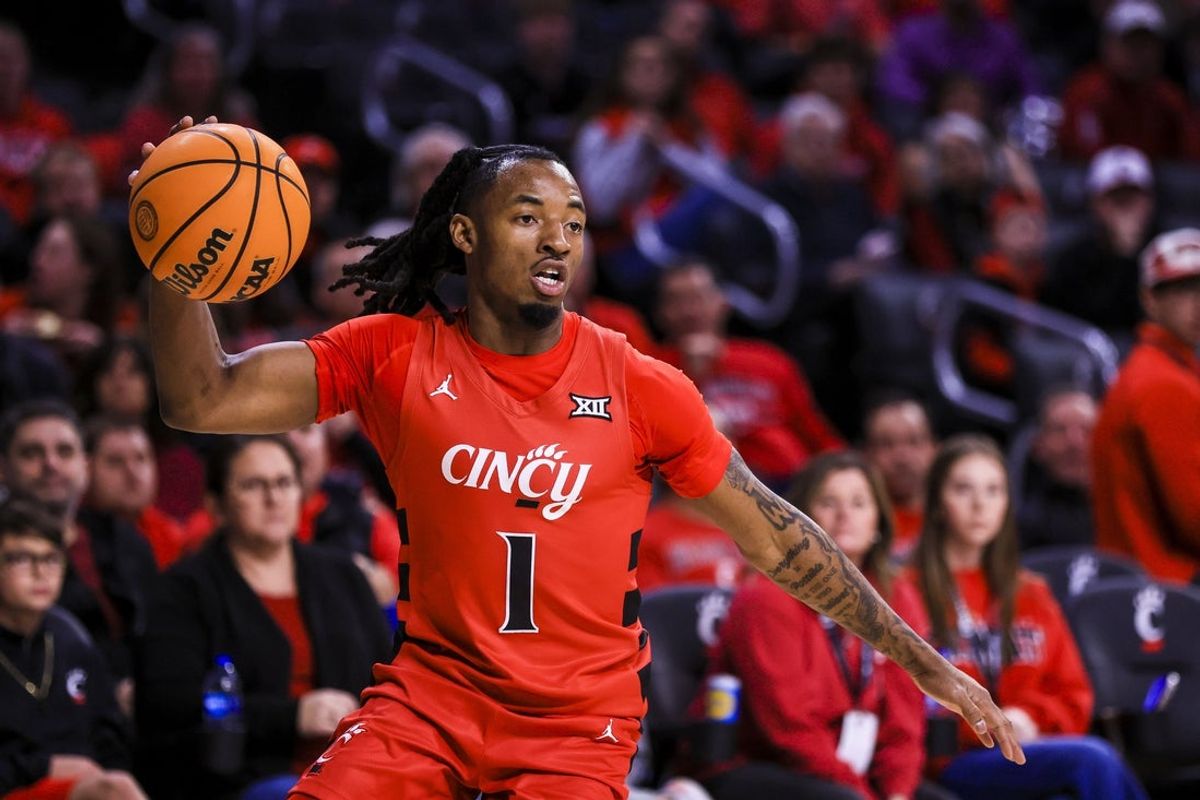 Mar 5, 2025; Cincinnati, Ohio, USA; Cincinnati Bearcats guard Day Day Thomas (1) dribbles against the Kansas State Wildcats in the first half at Fifth Third Arena. Mandatory Credit: Katie Stratman-Imagn Images