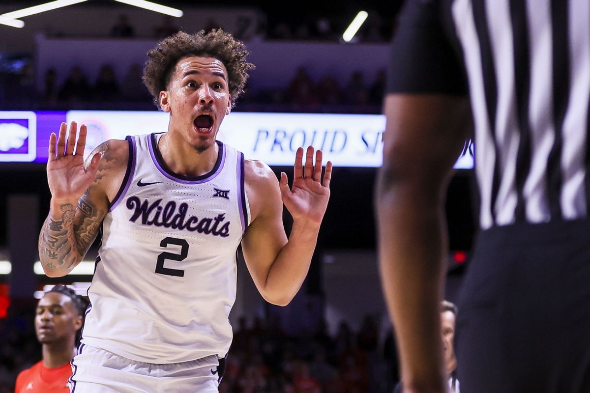 Mar 5, 2025; Cincinnati, Ohio, USA; Kansas State Wildcats guard Max Jones (2) reacts after a foul called in the first half in the game against the Cincinnati Bearcats at Fifth Third Arena. Mandatory Credit: Katie Stratman-Imagn Images