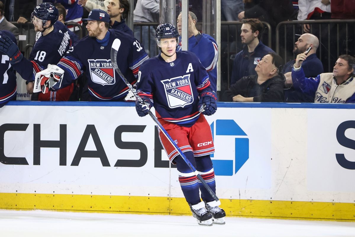 Mar 5, 2025; New York, New York, USA;  New York Rangers left wing Artemi Panarin (10) circles back to center ice after scoring a goal in the first period against the Washington Capitals at Madison Square Garden. Mandatory Credit: Wendell Cruz-Imagn Images