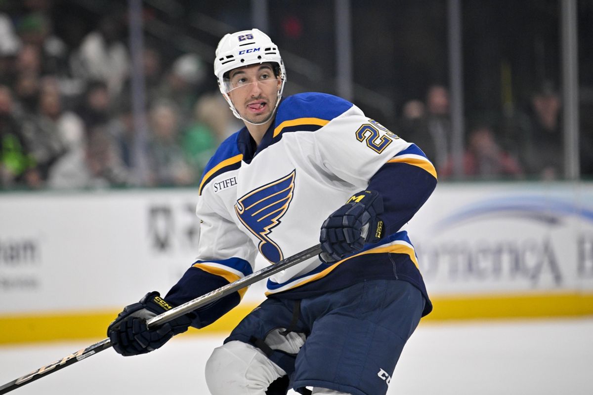 Mar 2, 2025; Dallas, Texas, USA; St. Louis Blues center Jordan Kyrou (25) in action during the game between the Dallas Stars and the St. Louis Blues at the American Airlines Center. Mandatory Credit: Jerome Miron-Imagn Images