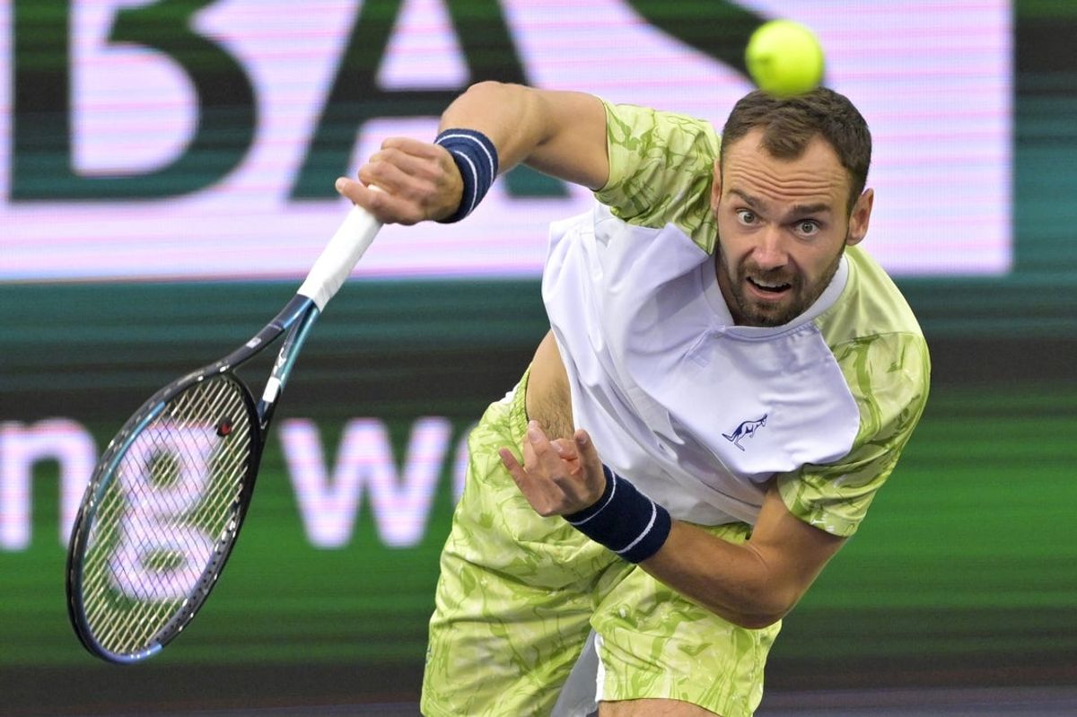Mar 5, 2025; Indian Wells, CA, USA;  Roman Safiullin (RUS) serves the ball as he defeats Reilly Opelka (not pictured) in his first round match during the BNP Paribas Open at the Indian Well Tennis Garden. Mandatory Credit: Jayne Kamin-Oncea-Imagn Images