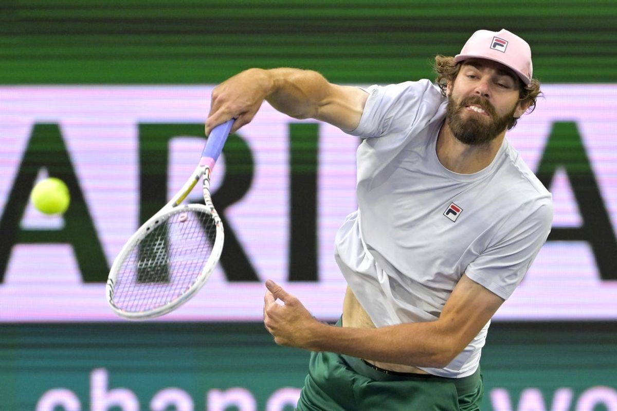 Mar 5, 2025; Indian Wells, CA, USA; Reilly Opelka (USA) hits a serve in his first round match against Roman Safiullin (RUS) during the BNP Paribas Open at the Indian Well Tennis Garden. Mandatory Credit: Jayne Kamin-Oncea-Imagn Images
