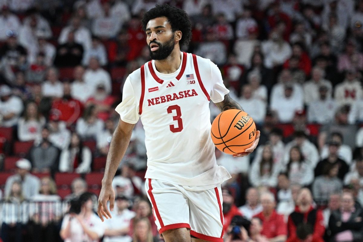 Mar 1, 2025; Lincoln, Nebraska, USA;  Nebraska Cornhuskers guard Brice Williams (3) dribbles against the Minnesota Golden Gophers during the first half at Pinnacle Bank Arena. Mandatory Credit: Steven Branscombe-Imagn Images