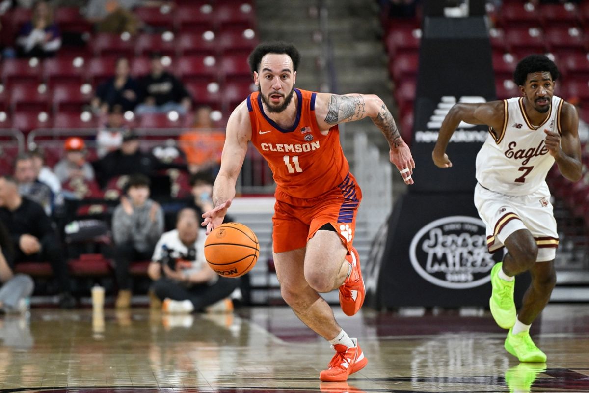 Mar 5, 2025; Chestnut Hill, Massachusetts, USA; Clemson Tigers guard Jaeden Zackery (11) drives to the basket during the second half against the Boston College Eagles at Conte Forum. Mandatory Credit: Eric Canha-Imagn Images