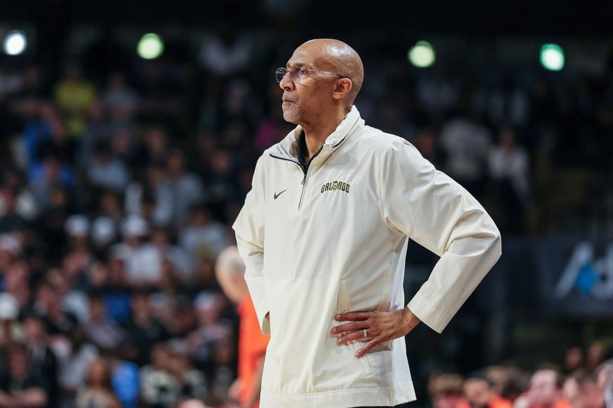 Mar 5, 2025; Orlando, Florida, USA; UCF Knights head coach Johnny Dawkins looks on during the first half against the Oklahoma State Cowboys at Addition Financial Arena. Mandatory Credit: Mike Watters-Imagn Images