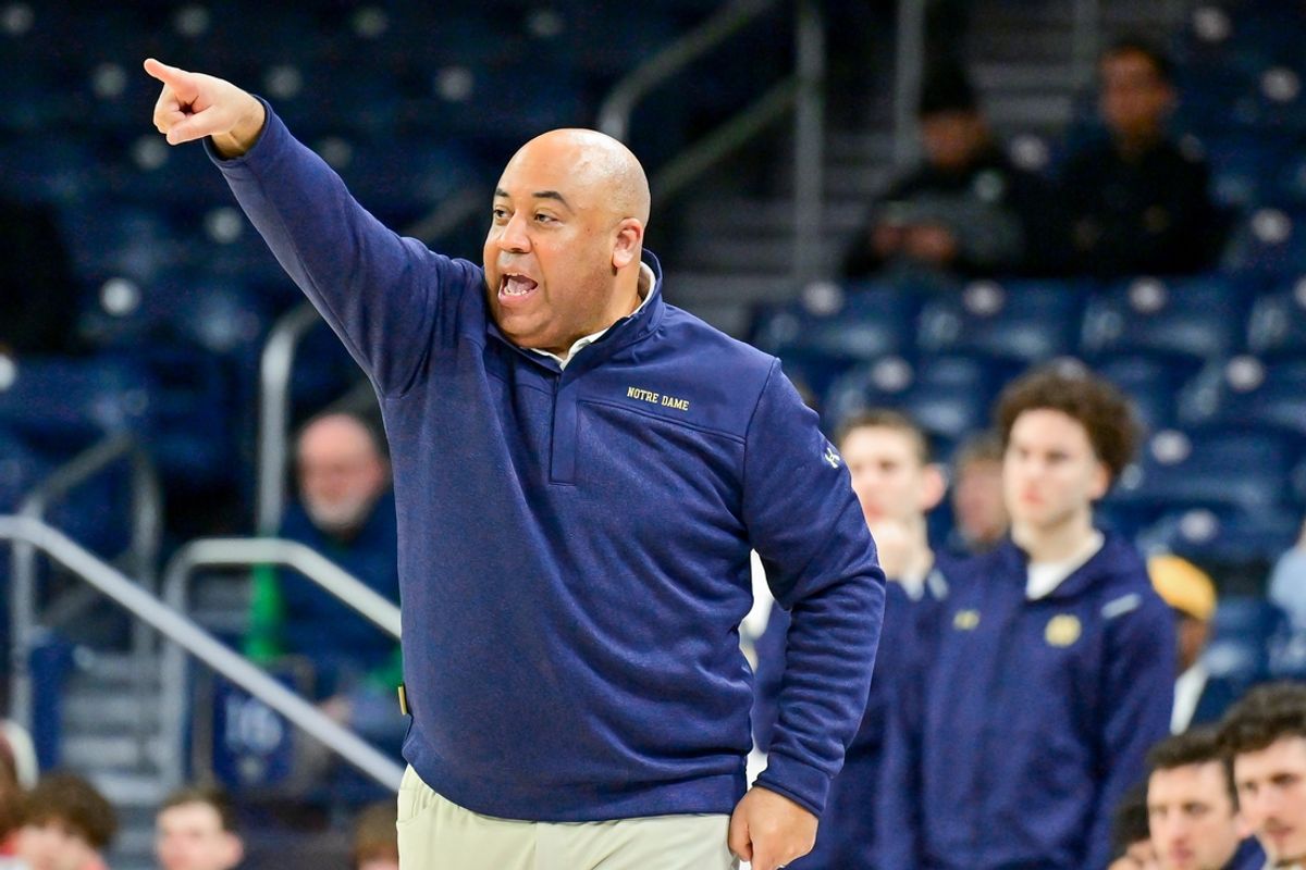 Mar 5, 2025; South Bend, Indiana, USA; Notre Dame Fighting Irish head coach Micah Shrewsberry signals to his players in the first half against the Stanford Cardinal at the Purcell Pavilion. Mandatory Credit: Matt Cashore-Imagn Images