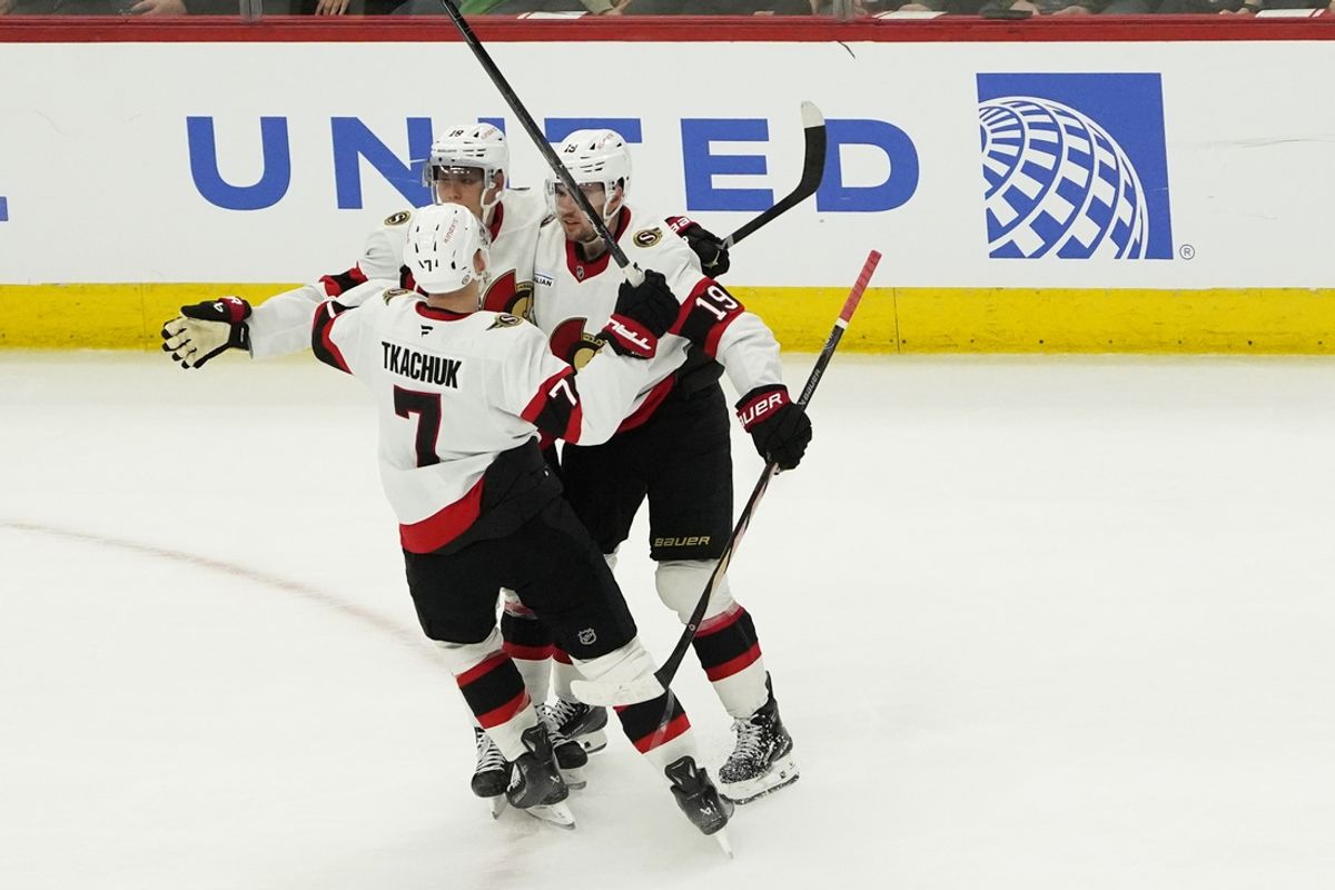 Mar 5, 2025; Chicago, Illinois, USA; Ottawa Senators center Tim Stützle (18) celebrates his game winning goal against the Chicago Blackhawks during overtime period at United Center. Mandatory Credit: David Banks-Imagn Images