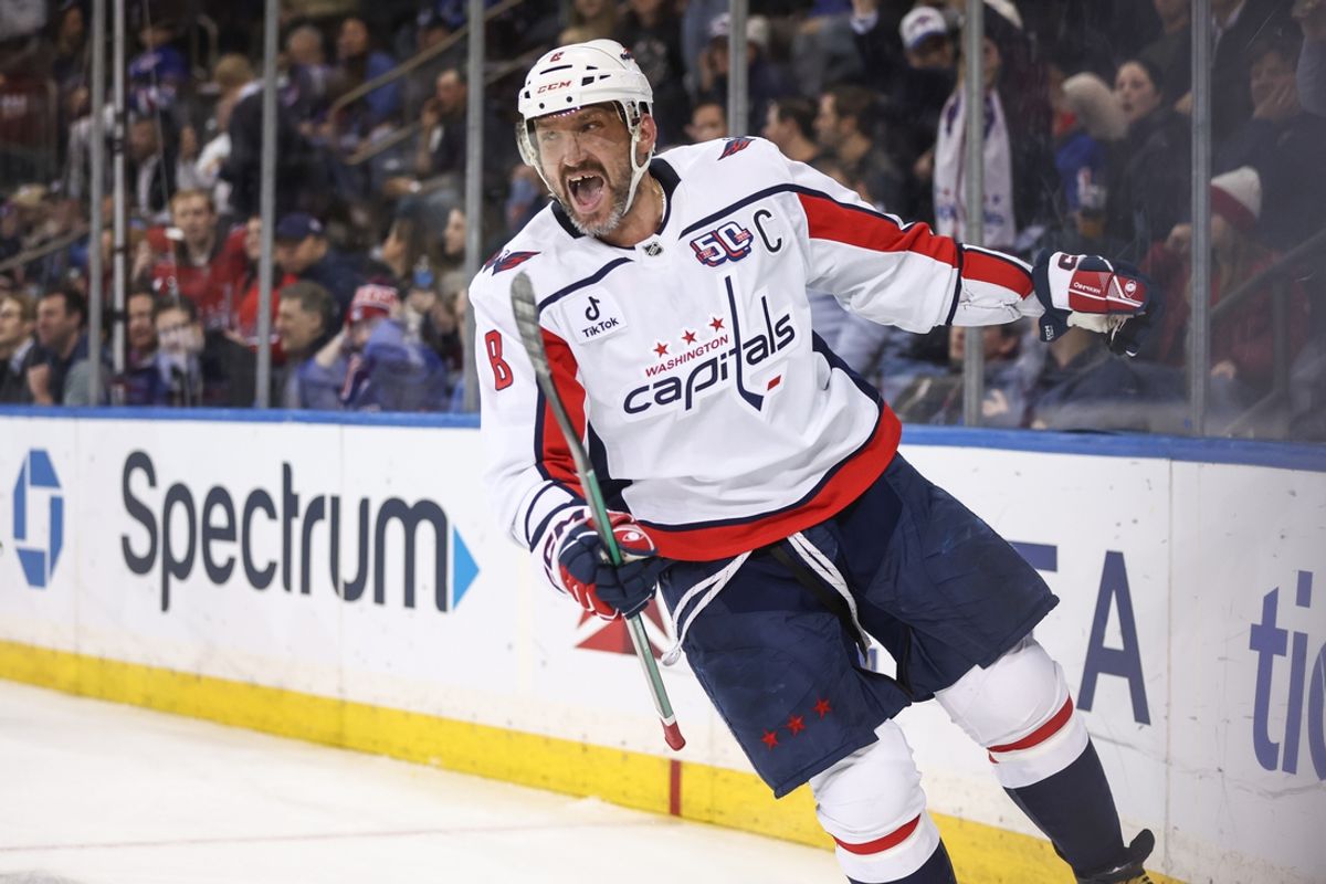 Mar 5, 2025; New York, New York, USA;  Washington Capitals left wing Alex Ovechkin (8) celebrates after scoring a goal in the third period against the New York Rangers at Madison Square Garden. Mandatory Credit: Wendell Cruz-Imagn Images
