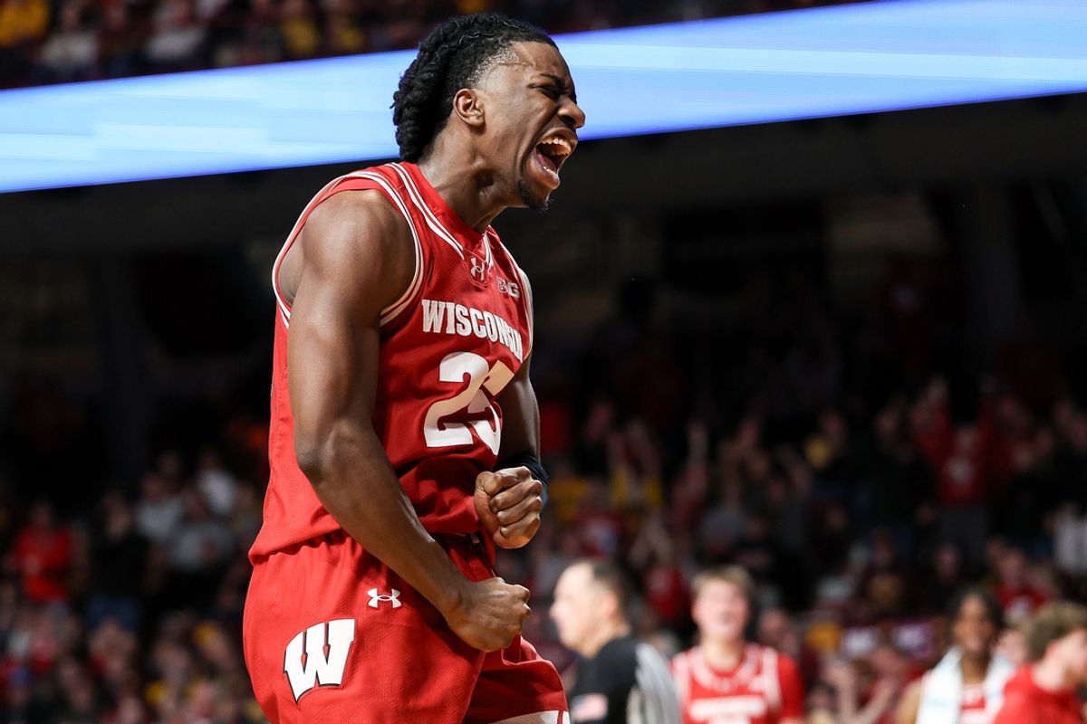 Mar 5, 2025; Minneapolis, Minnesota, USA; Wisconsin Badgers guard John Blackwell (25) celebrates his basket against the Minnesota Golden Gophers during the second half at Williams Arena. Mandatory Credit: Matt Krohn-Imagn Images