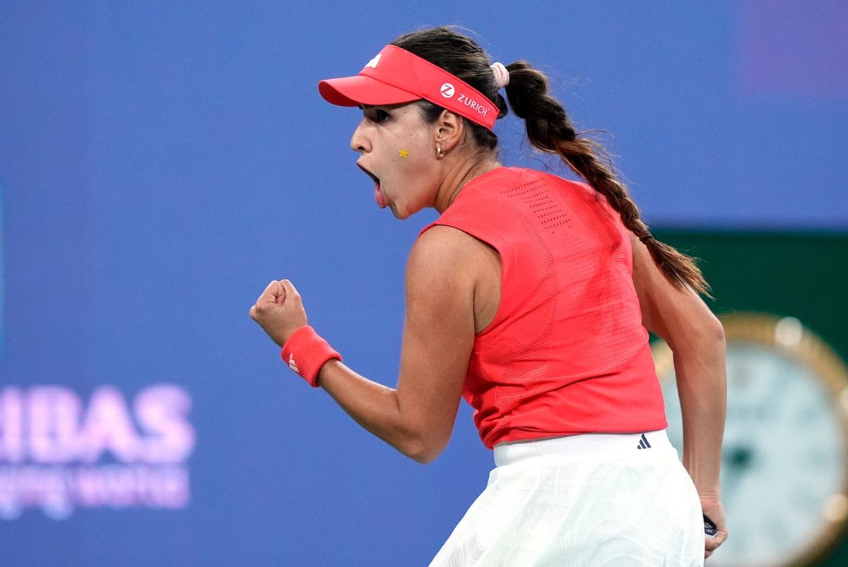 Camila Osorio reacts during her first round win against Naomi Osaka at the BNP Paribas Open in Indian Wells, Calif., on Wednesday, March 5, 2025.