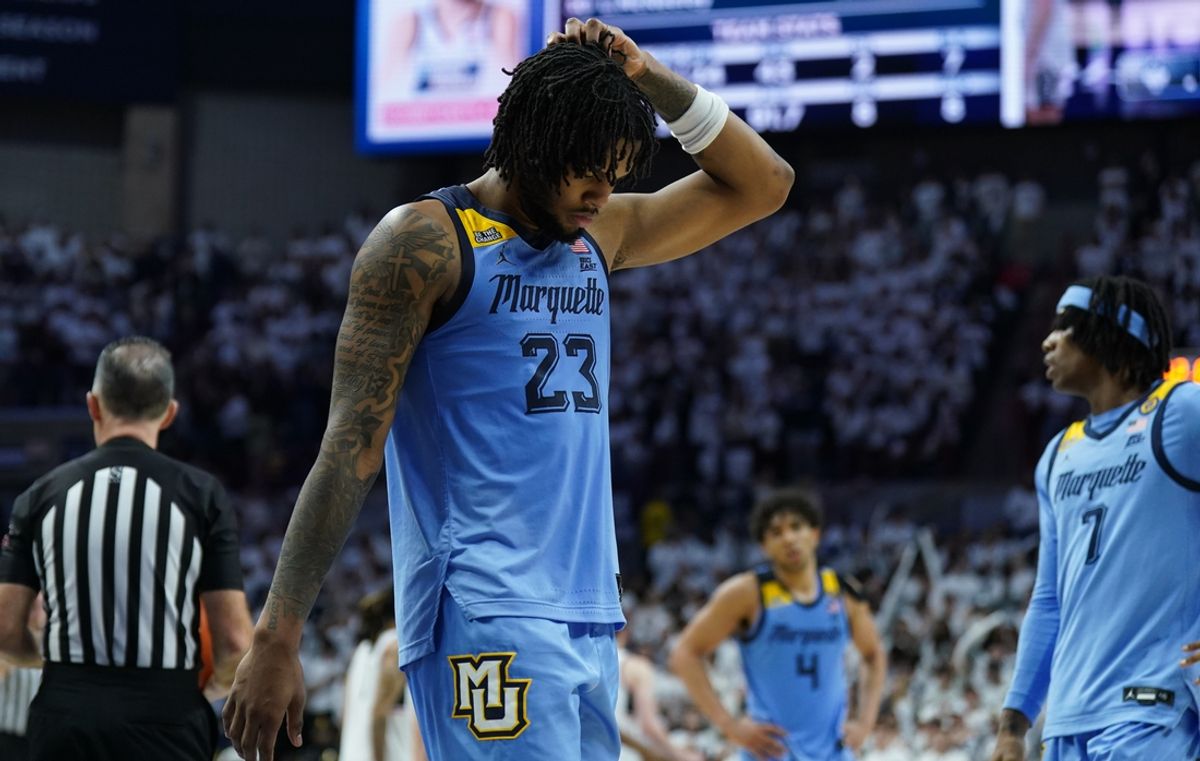 Mar 5, 2025; Storrs, Connecticut, USA; Marquette Golden Eagles forward David Joplin (23) reacts as they take on the UConn Huskies in the last seconds of the second half at Harry A. Gampel Pavilion. Mandatory Credit: David Butler II-Imagn Images