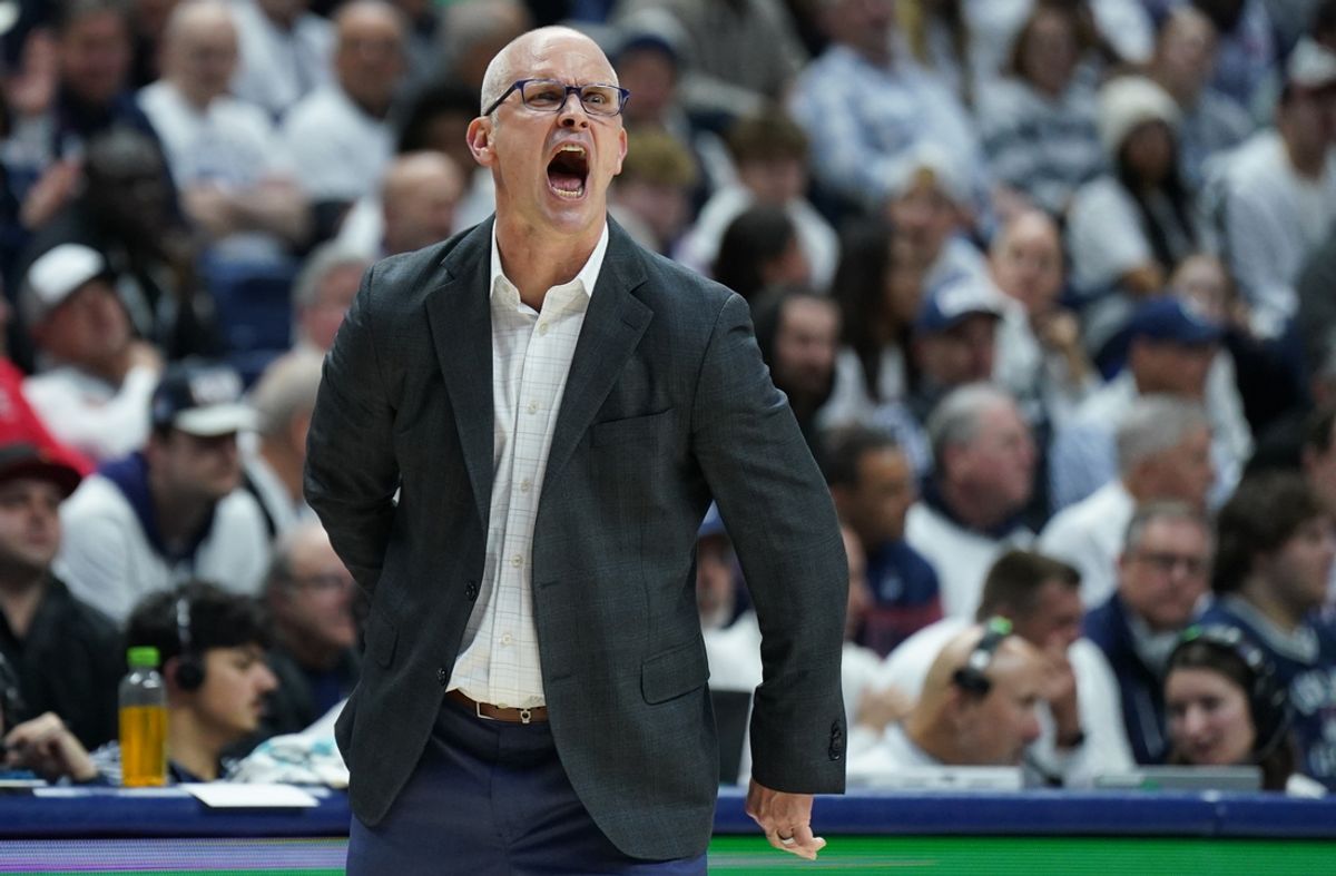 Mar 5, 2025; Storrs, Connecticut, USA; UConn Huskies head coach Dan Hurley watches from the sideline as they take on the Marquette Golden Eagles at Harry A. Gampel Pavilion. Mandatory Credit: David Butler II-Imagn Images