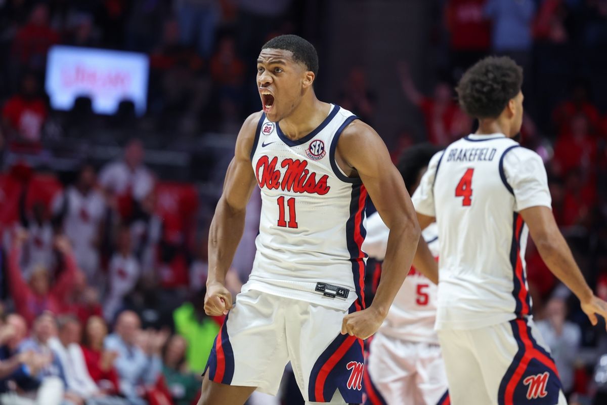 Mar 5, 2025; Oxford, Mississippi, USA; Mississippi Rebels guard Matthew Murrell (11) reacts against the Tennessee Volunteers during the second half at The Sandy and John Black Pavilion at Ole Miss. Mandatory Credit: Wesley Hale-Imagn Images