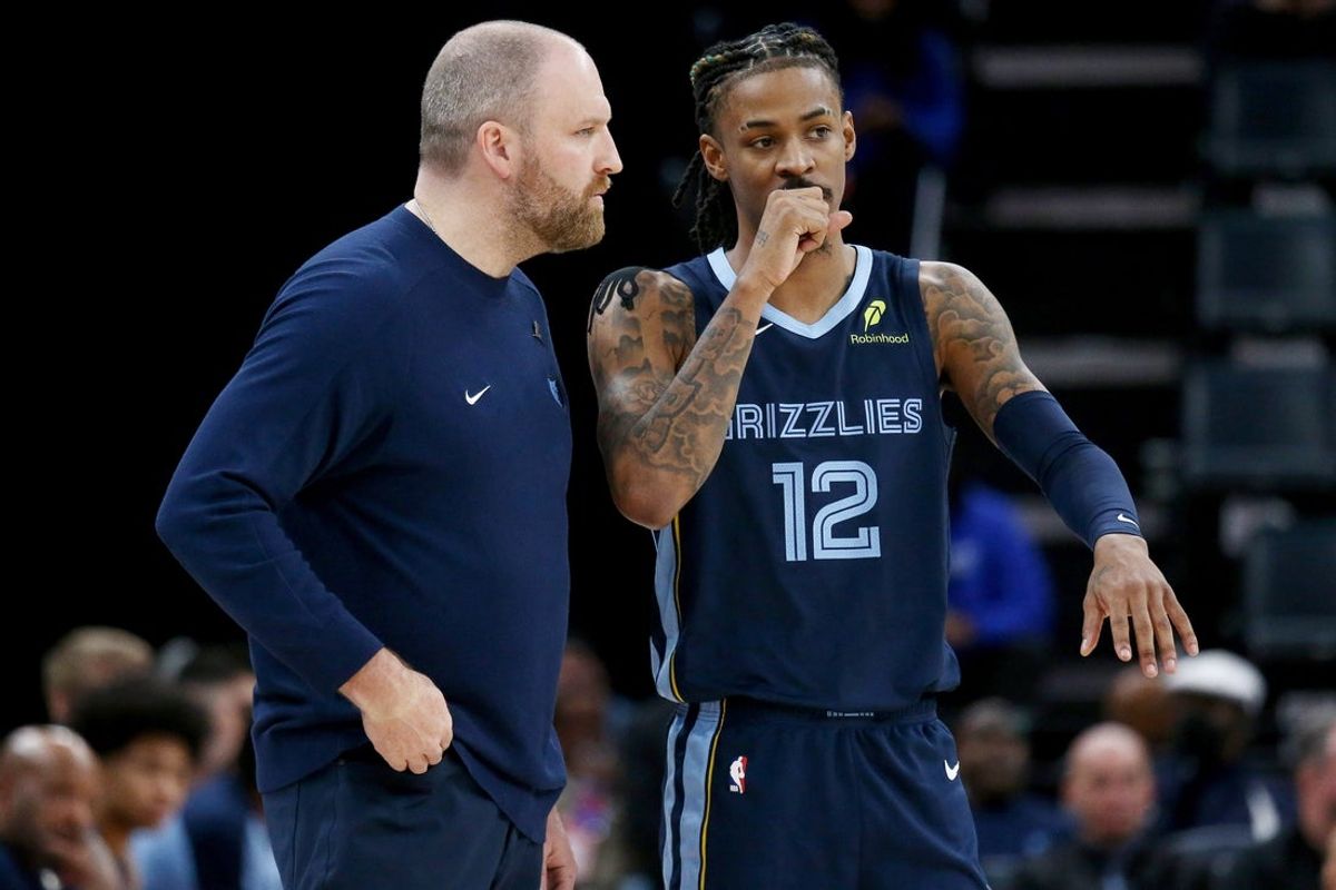 Mar 5, 2025; Memphis, Tennessee, USA; Memphis Grizzlies head coach Taylor Jenkins talks with guard Ja Morant (12) during the fourth quarter against the Oklahoma City Thunder at FedExForum. Mandatory Credit: Petre Thomas-Imagn Images