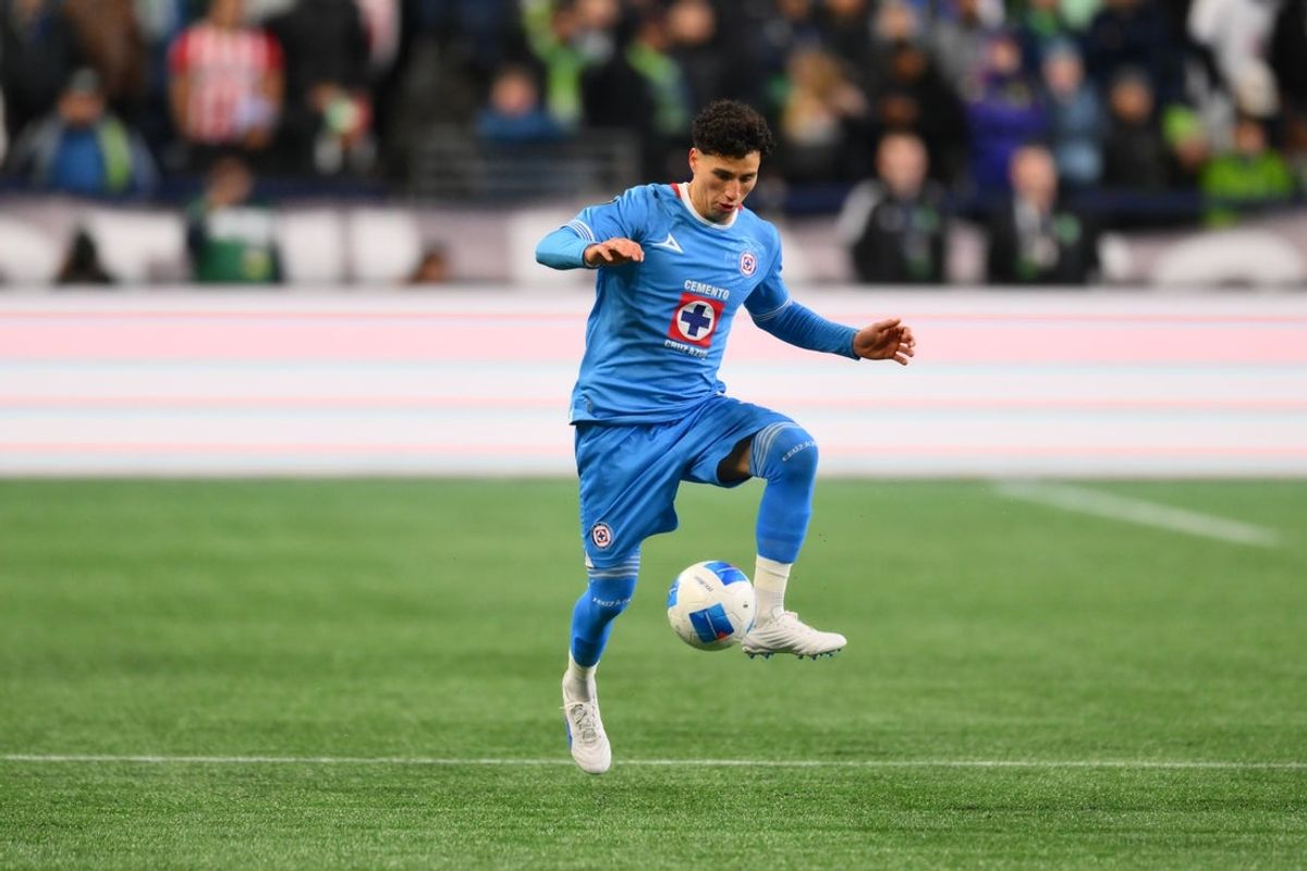 Mar 5, 2025; Seattle, Washington, USA; Cruz Azul defender Jorge Sanchez (2) plays the ball during the second half against the Seattle Sounders FC at Lumen Field. Mandatory Credit: Steven Bisig-Imagn Images
