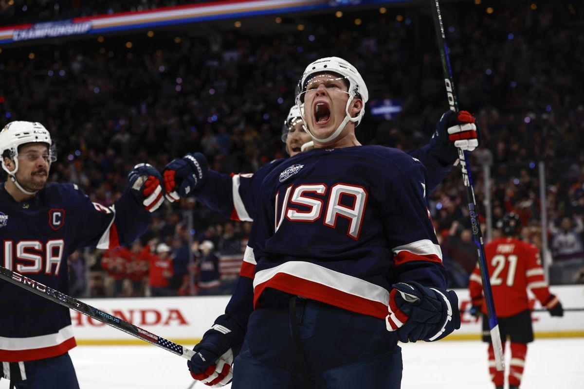 Feb 20, 2025; Boston, MA, USA; [Imagn Images direct customers only] United States forward Brady Tkachuk belebrates his goal during the 4 Nations Face-Off ice hockey championship game against Canada at TD Garden. Mandatory Credit: Winslow Townson-Imagn Images