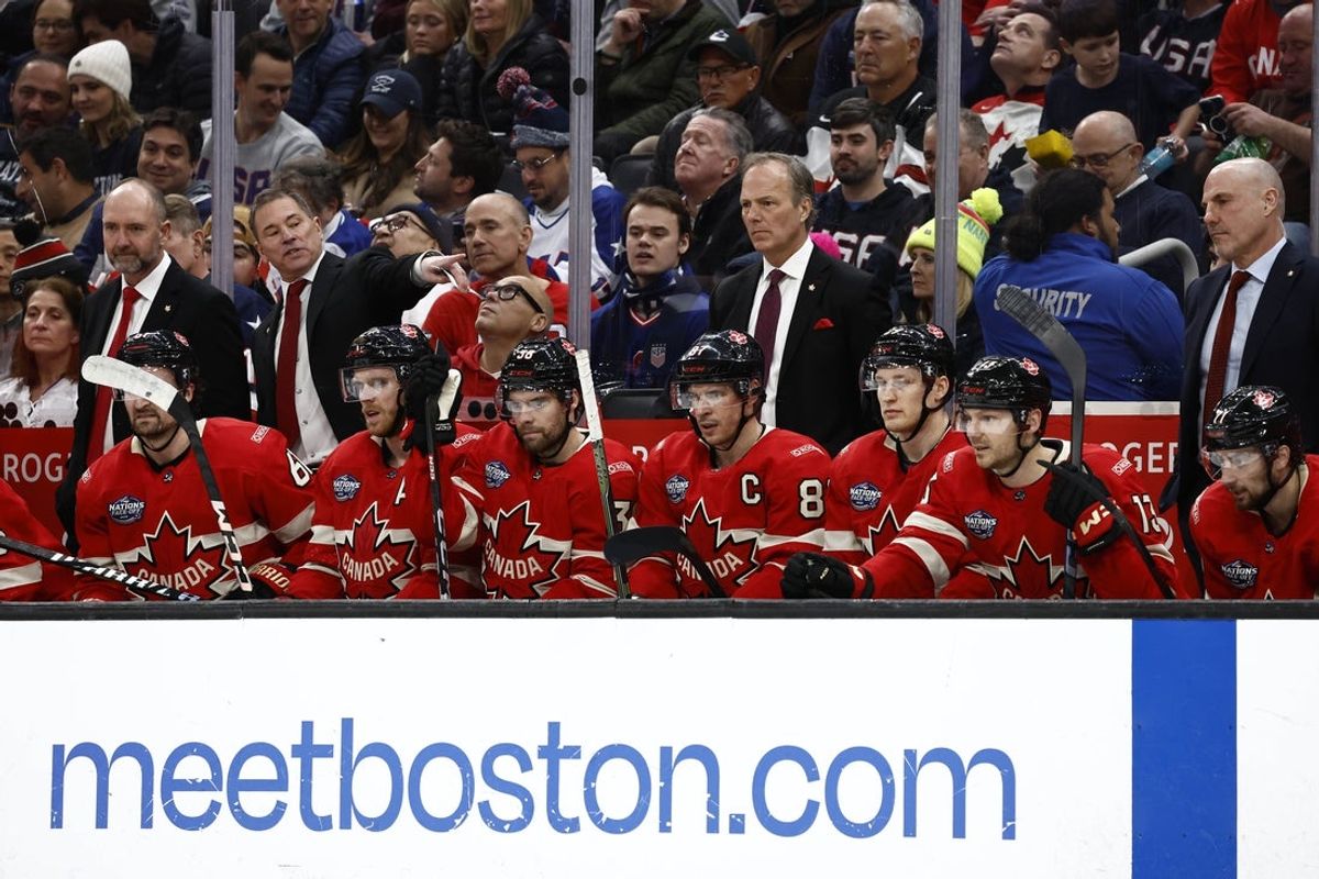 Feb 20, 2025; Boston, MA, USA; [Imagn Images direct customers only] Team Canada coaches, left to right, Peter DeBoer, Bruce Cassidy, Jon Cooper and Rick Tocchet during the 4 Nations Face-Off ice hockey championship game against the United States at TD Garden. Mandatory Credit: Winslow Townson-Imagn Images