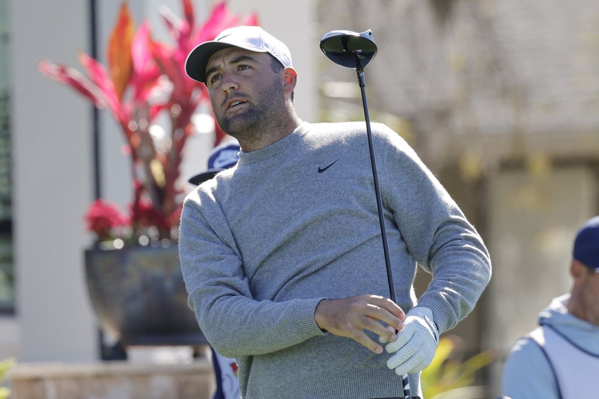 Mar 6, 2025; Orlando, Florida, USA;  Scottie Scheffler plays his shot from the fourth tee during the first round of the Arnold Palmer Invitational golf tournament at Bay Hill. Mandatory Credit: Reinhold Matay-Imagn Images