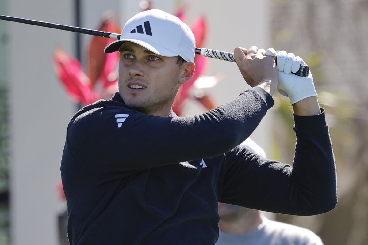 Mar 6, 2025; Orlando, Florida, USA;   Ludvig Aberg plays his shot from the fourth tee aduring the first round of the Arnold Palmer Invitational golf tournament at Bay Hill. Mandatory Credit: Reinhold Matay-Imagn Images