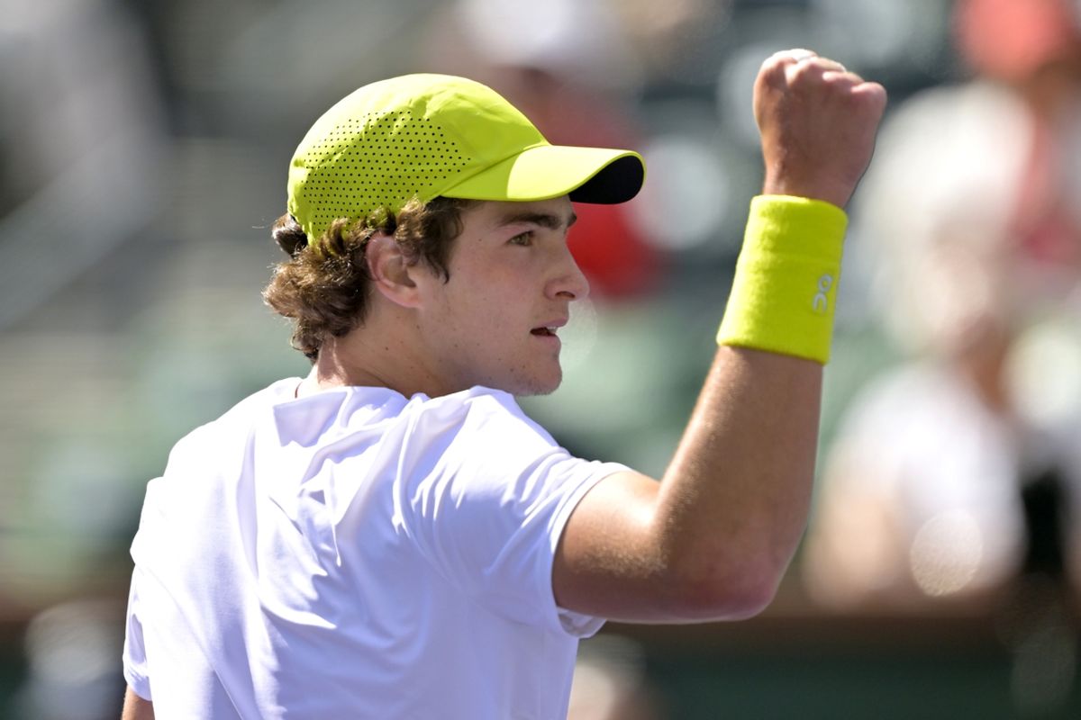 Mar 6, 2025; Indian Wells, CA, USA;  Joao Fonseca (BRA) reacts shot during his first round match as he defeated Jacob Fearnley (not pictured) in the BNP Paribas Open at the Indian Well Tennis Garden. Mandatory Credit: Jayne Kamin-Oncea-Imagn Images