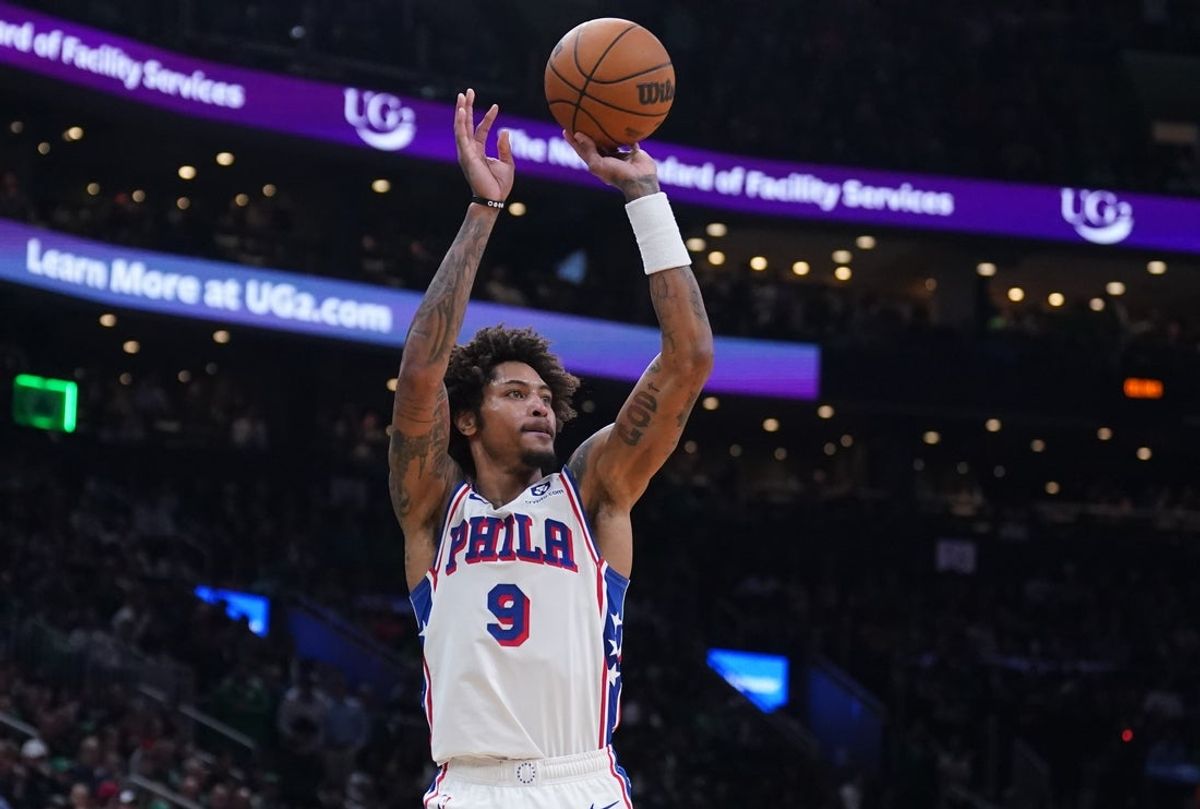 Mar 6, 2025; Boston, Massachusetts, USA; Philadelphia 76ers guard Kelly Oubre Jr. (9) shoots the ball against the Boston Celtics in the second quarter at TD Garden. Mandatory Credit: David Butler II-Imagn Images
