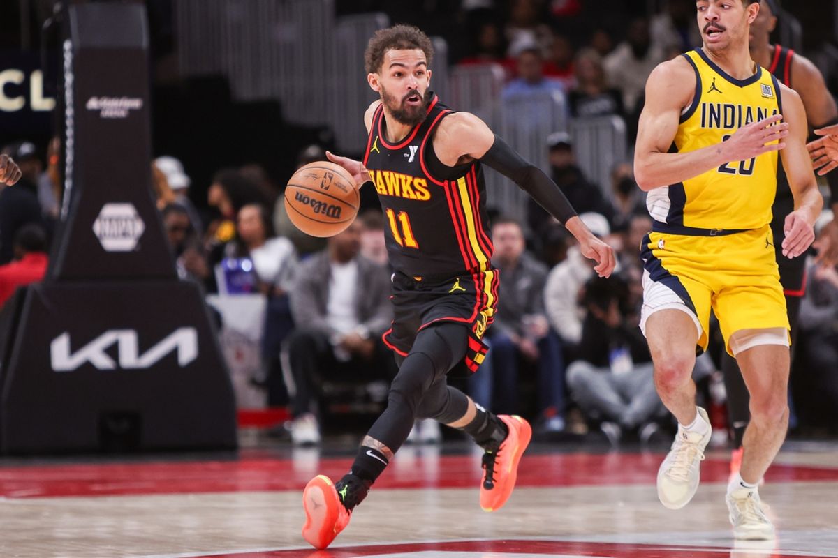 Mar 6, 2025; Atlanta, Georgia, USA; Atlanta Hawks guard Trae Young (11) handles the ball against the Indiana Pacers in the second quarter at State Farm Arena. Mandatory Credit: Brett Davis-Imagn Images