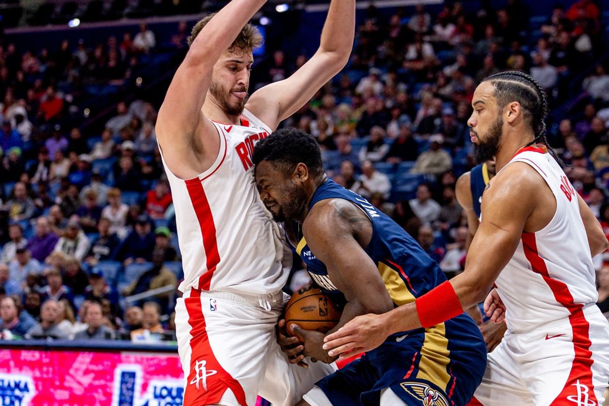 Mar 6, 2025; New Orleans, Louisiana, USA;  New Orleans Pelicans forward Zion Williamson (1) runs into Houston Rockets center Alperen Sengun (28) as he dribbles during the first half at Smoothie King Center. Mandatory Credit: Stephen Lew-Imagn Images