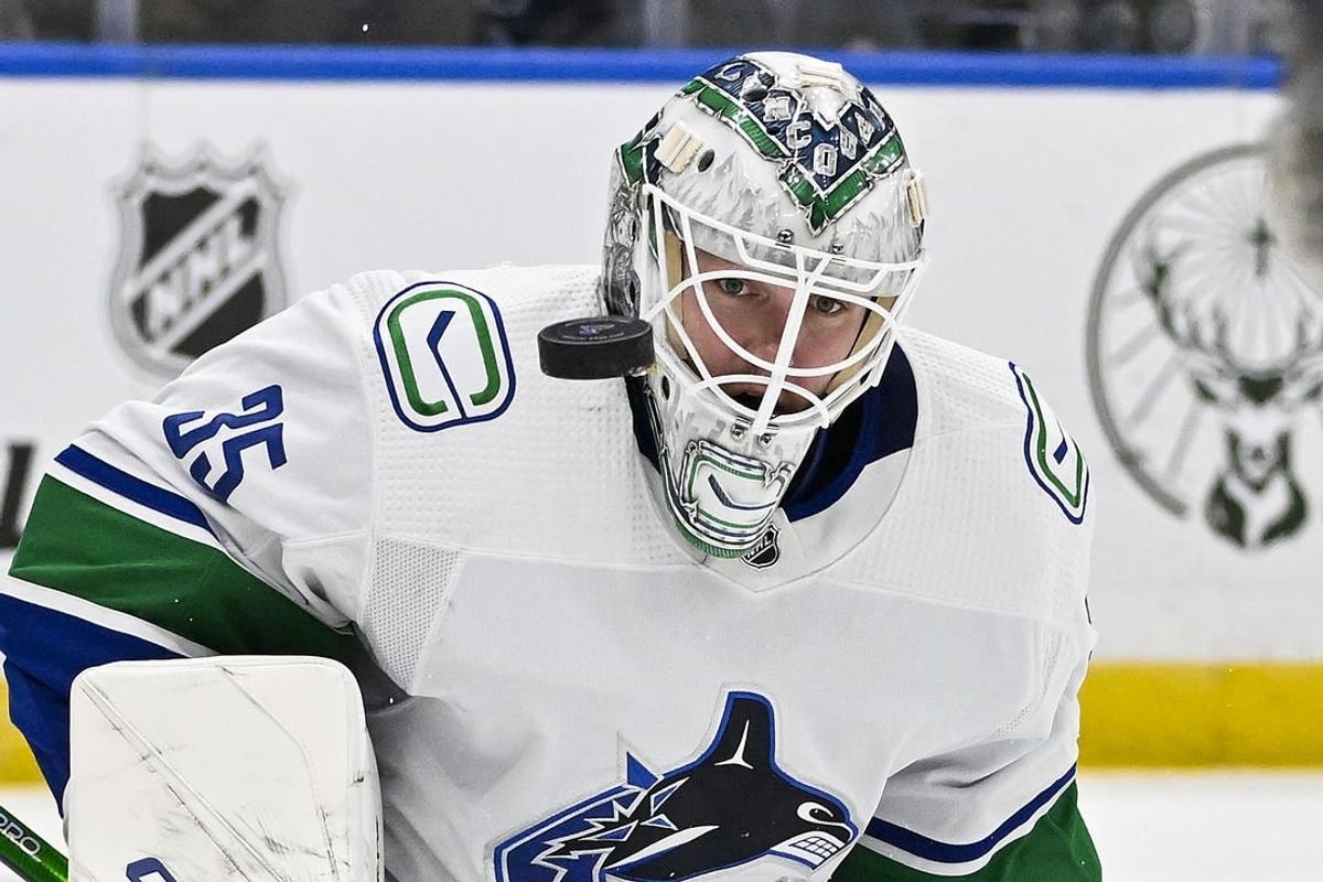 Jan 4, 2024; St. Louis, Missouri, USA;  Vancouver Canucks goaltender Thatcher Demko (35) defends the net against the St. Louis Blues during the second period at Enterprise Center.