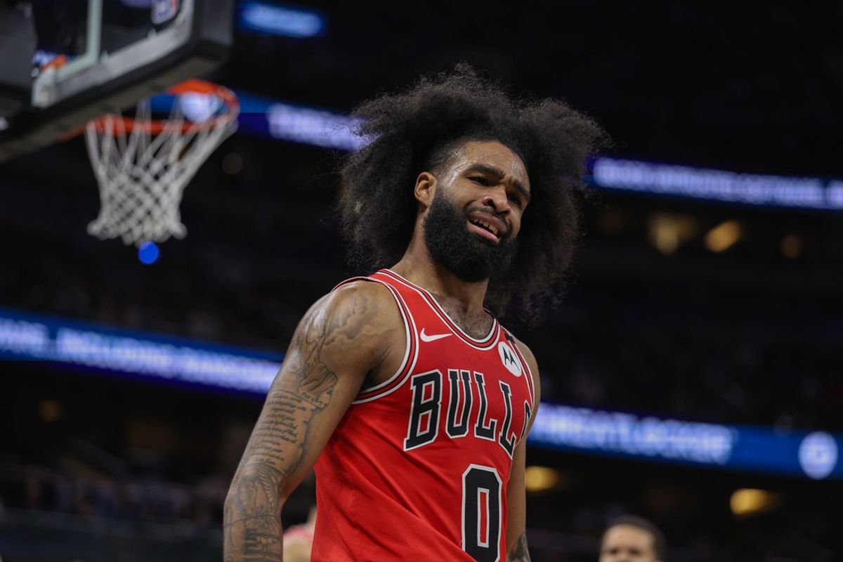 Chicago Bulls guard Coby White (0) reacts after a play against the Orlando Magic in the third quarter at Kia Center.