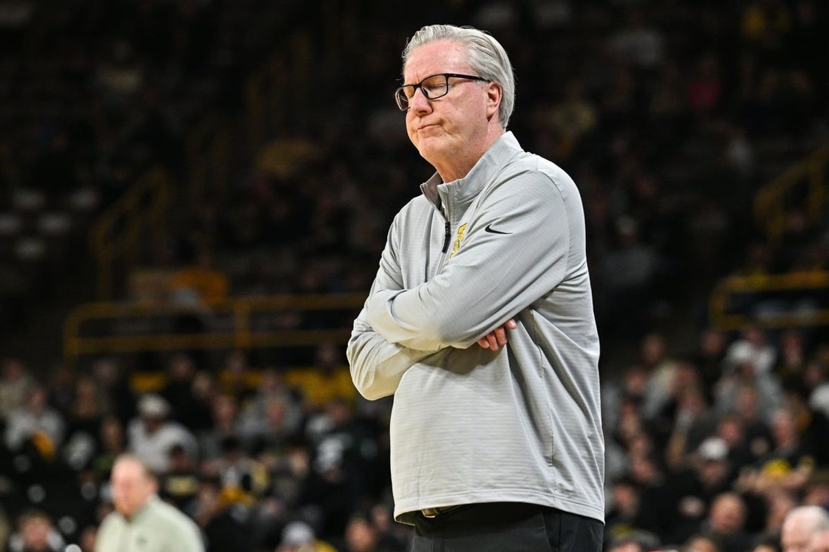 Mar 6, 2025; Iowa City, Iowa, USA; Iowa Hawkeyes head coach Fran McCaffery reacts during the first half against the Michigan State Spartans at Carver-Hawkeye Arena. Mandatory Credit: Jeffrey Becker-Imagn Images