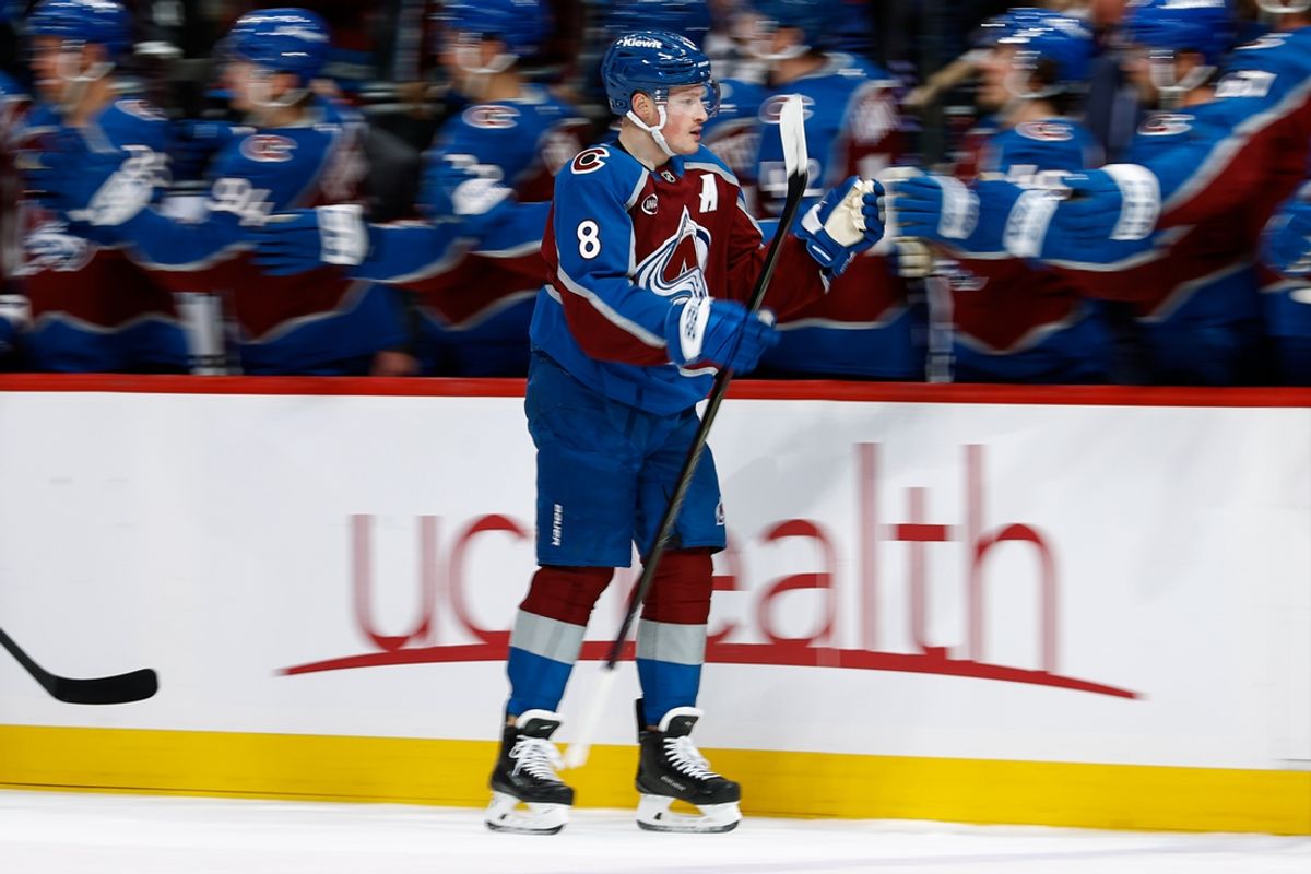 Mar 6, 2025; Denver, Colorado, USA; Colorado Avalanche defenseman Cale Makar (8) celebrates with the bench after his goal in the first period against the San Jose Sharks at Ball Arena. Mandatory Credit: Isaiah J. Downing-Imagn Images