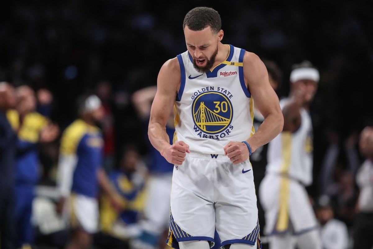 Mar 6, 2025; Brooklyn, New York, USA;  Golden State Warriors guard Stephen Curry (30) celebrates in the third quarter against the Brooklyn Nets at Barclays Center. Mandatory Credit: Wendell Cruz-Imagn Images
