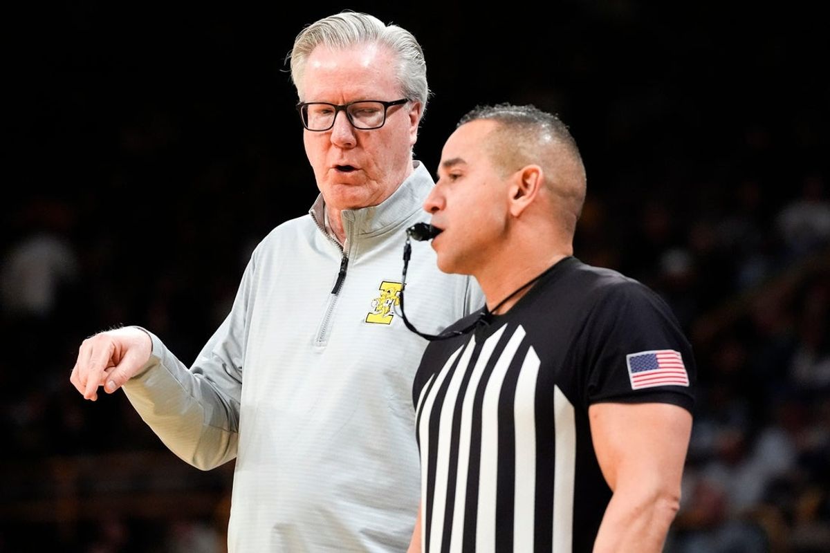 Iowa head coach Fran McCaffery speaks to a referee during a Big Ten Conference game against the Michigan State Spartans Thursday, March 6, 2025 at Carver-Hawkeye Arena in Iowa City.