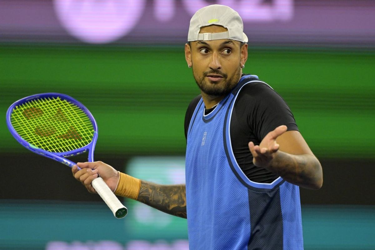 Mar 6, 2025; Indian Wells, CA, USA;  Nick Kyrgios (AUS) reacts after a point against Botic Van De Zandschulp (not pictured) during his first round match of the BNP Paribas Open at the Indian Well Tennis Garden. Mandatory Credit: Jayne Kamin-Oncea-Imagn Images