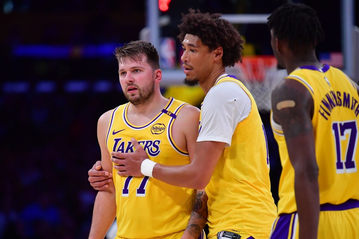 Mar 6, 2025; Los Angeles, California, USA; Los Angeles Lakers guard Luka Doncic (77) reacts after beiing issued a technical foul against the New York Knicks during the first half at Crypto.com Arena. Mandatory Credit: Gary A. Vasquez-Imagn Images