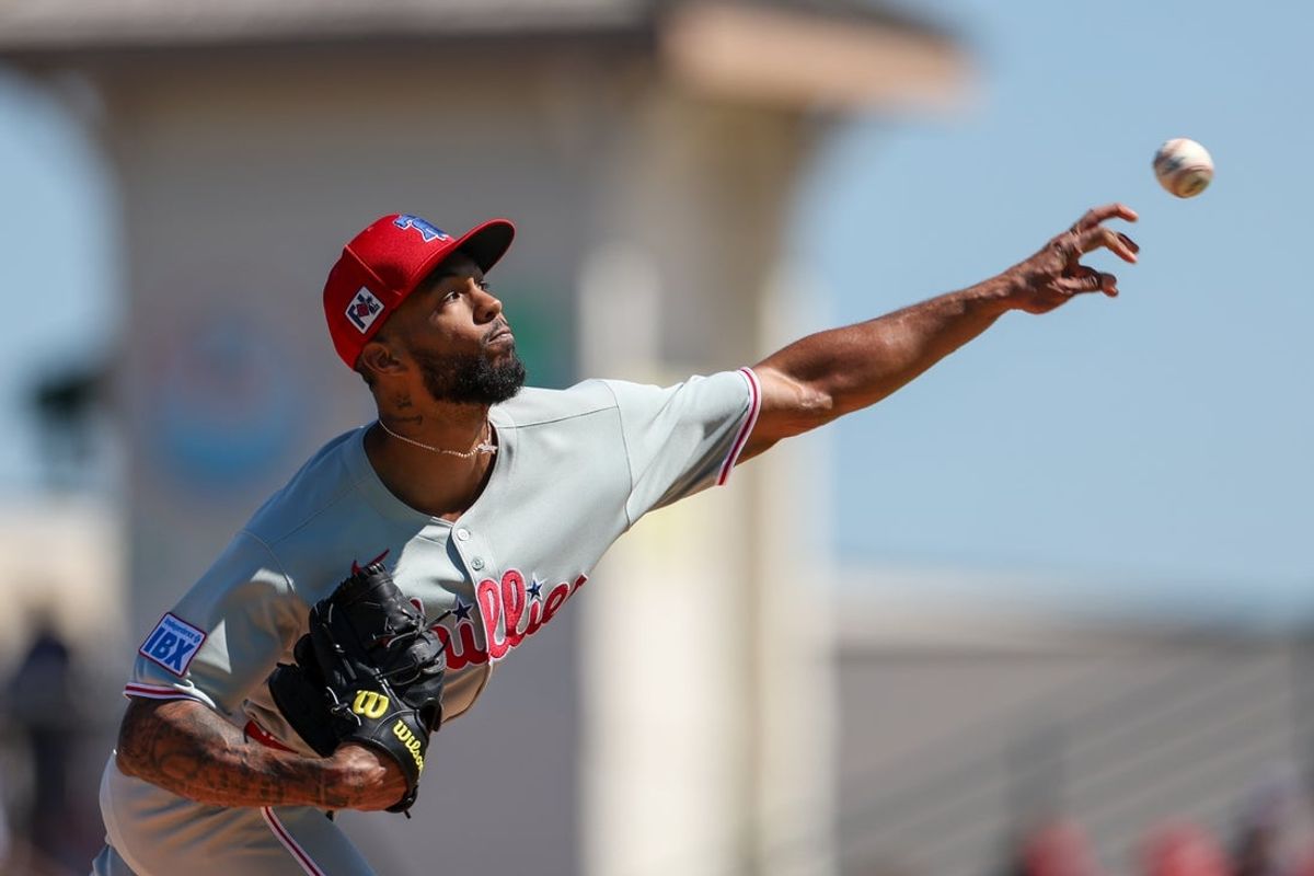 Mar 7, 2025; Bradenton, Florida, USA; Philadelphia Phillies pitcher Cristopher Sanchez (61) throws a pitch against the Pittsburgh Pirates in the second inning during spring training at LECOM Park. Mandatory Credit: Nathan Ray Seebeck-Imagn Images