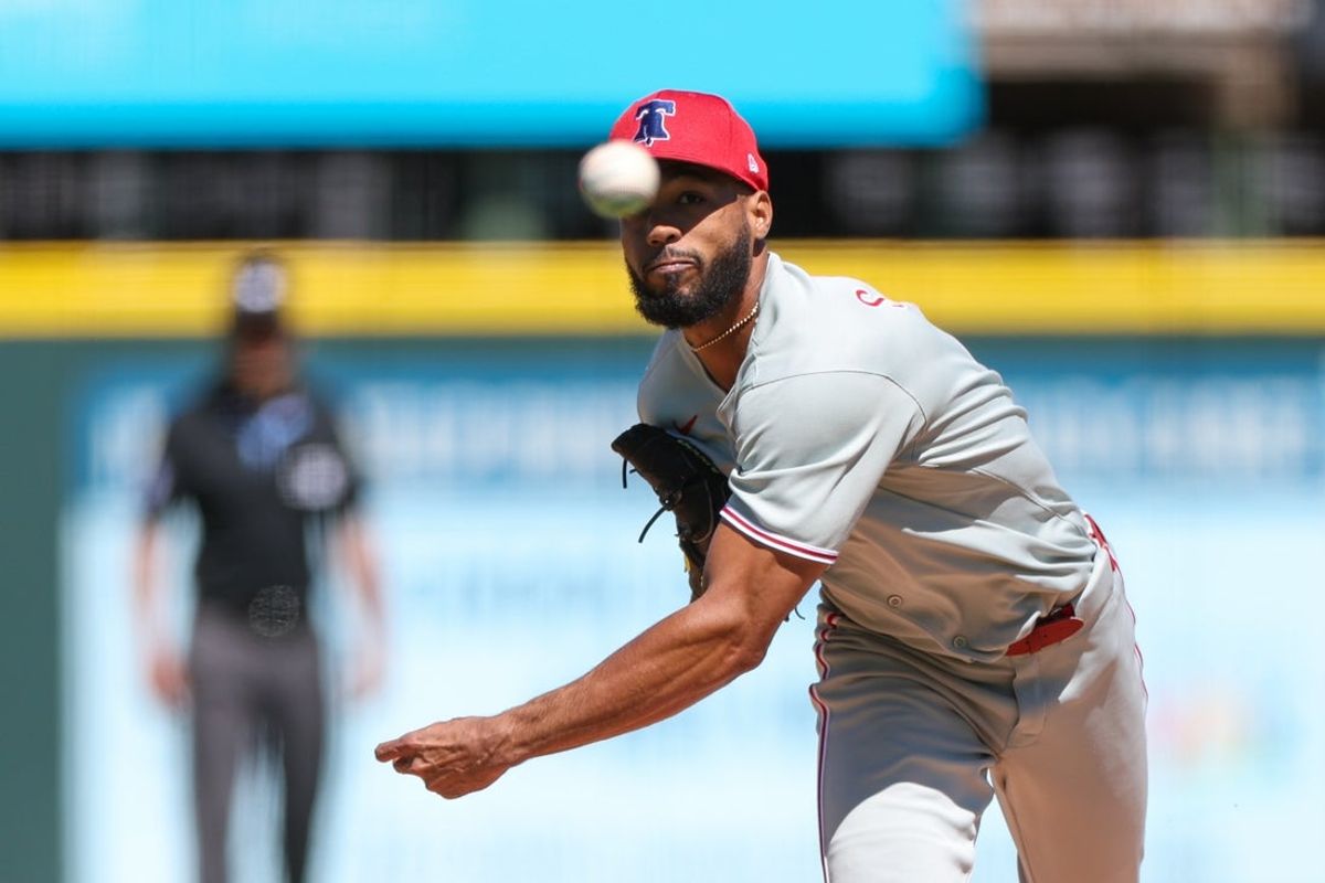 Mar 7, 2025; Bradenton, Florida, USA; Philadelphia Phillies pitcher Cristopher Sanchez (61) throws a pitch against the Pittsburgh Pirates in the first inning during spring training at LECOM Park. Mandatory Credit: Nathan Ray Seebeck-Imagn Images