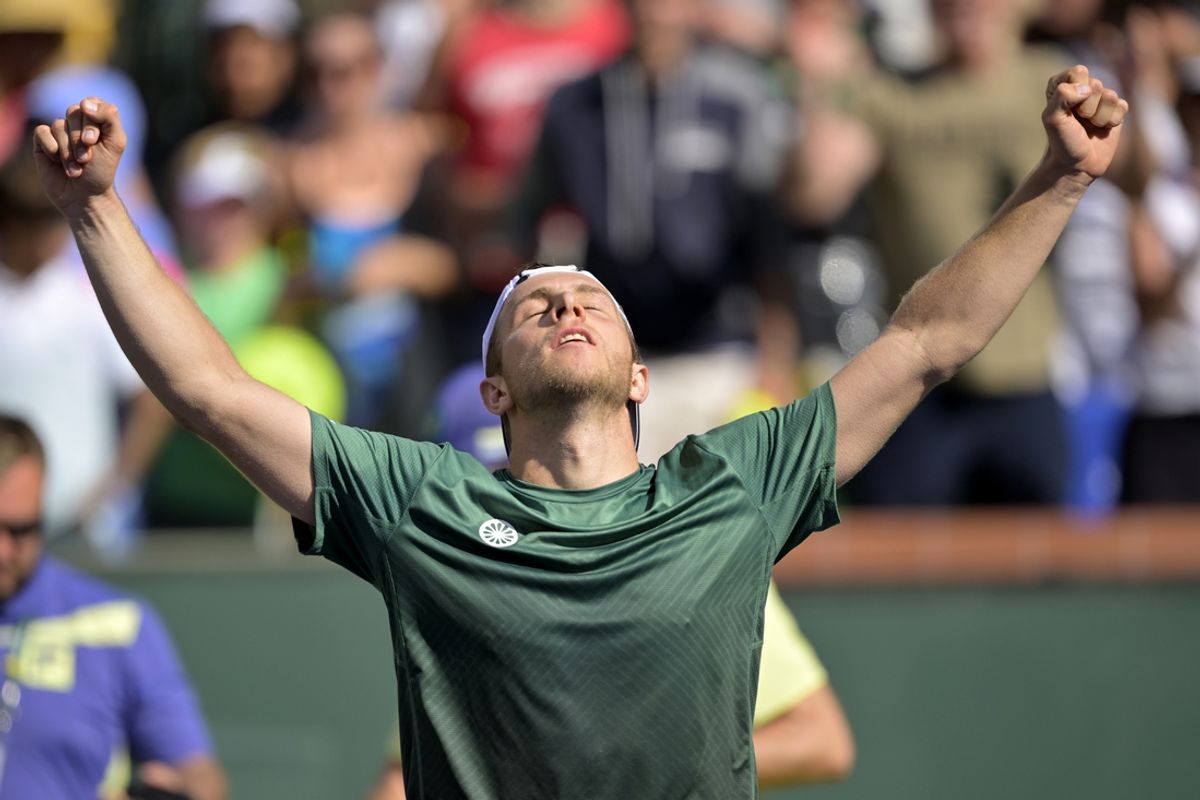 Mar 7, 2025; Indian Wells, CA, USA;   Tallon Griekspoor (NED) celebrates after defeating Alexander Zverev (GER) in round 2 of the BNP Paribas Open at the Indian Well Tennis Garden. Mandatory Credit: Jayne Kamin-Oncea-Imagn Images