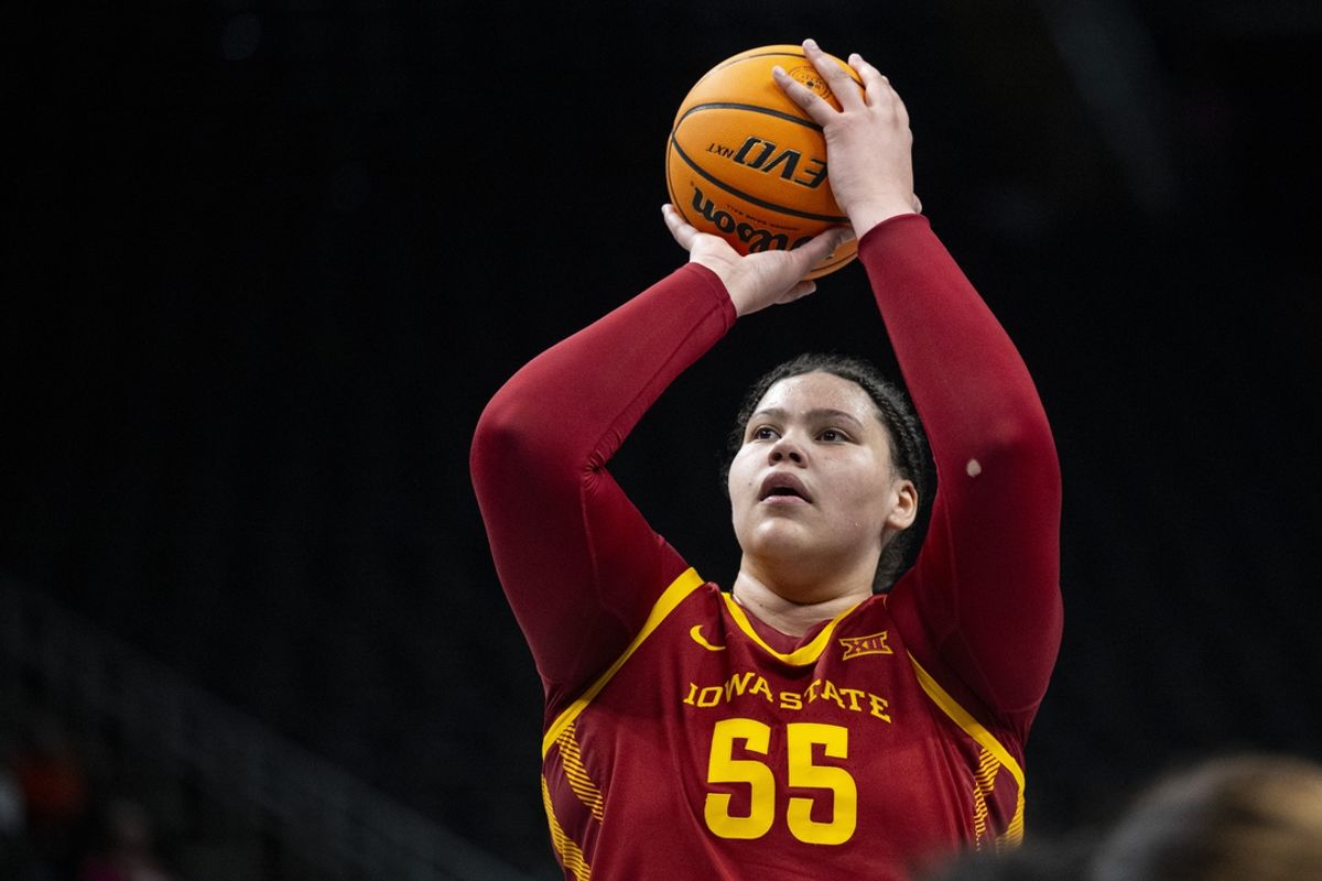Mar 7, 2025; Kansas City, MO, USA; Iowa State Cyclones center Audi Crooks (55) shoots a free throw against the Baylor Lady Bears in the second half at T-Mobile Center. Mandatory Credit: Amy Kontras-Imagn Images